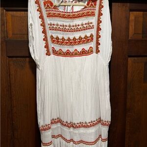 Free People Cream Dress with Red and Gold Embroidery